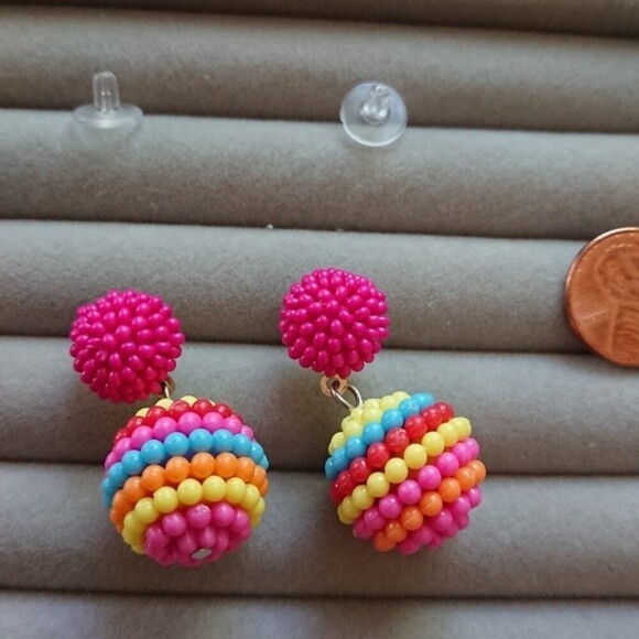 Seed Beaded Ball Drop Earrings - pink/yellow/light pink color combo - Picture 2 of 7